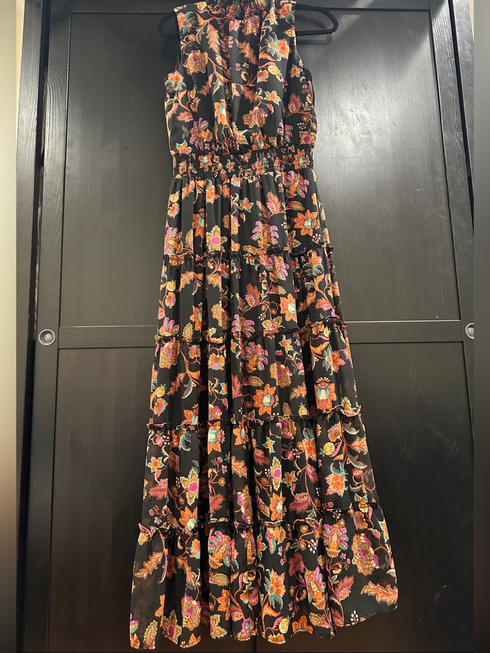 MSK Black Maxi Dress with Orange and Pink Floral Print